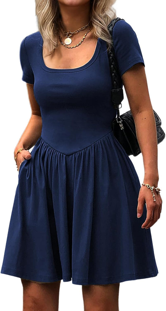 Women's Summer Casual Short Sleeve Mini Dress Square Neck A Line Pleated Swing Dresses Basic Short Dress with Pockets